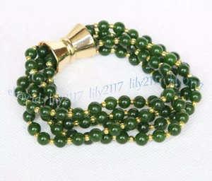 5Rows 6mm Natural Dark Green Jade Round Gemstone Beads Bracelet 8'' Magnet Clasp - Picture 1 of 6