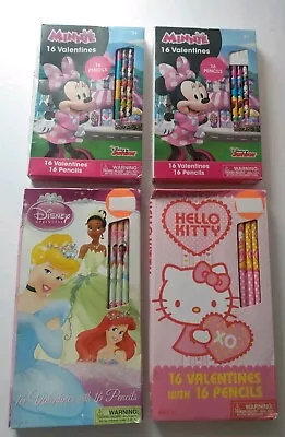 4 Valentine's Day Boxes of 16 Cards & Pencils: Minnie Mouse Hello Kitty Princess - Image 1 of 4