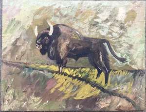 ::ÖLGEMÄLDE EINES BISONS AUF FELD BERG IM HINTERGRUND BLUMEN - Bild 1 von 6