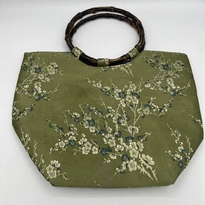 Bestickte Kirschblüten Handtasche grün Bambusgriffe KOSTENLOSER VERSAND - Bild 1 von 5