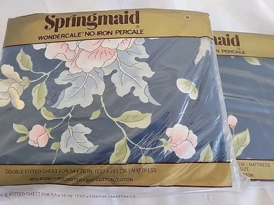 Novo Conjunto Completo de Lençóis Vintage Anos 90 SPRINGMAID Azul Rosa Estampa Floral Plana e Ajustada - Imagem 1 de 4