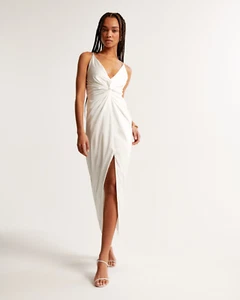 Maxi Vestido Abercrombie & Fitch Drapeado Frente Torcido Blanco Satinado Cuello en V Talla Pequeña - Imagen 1 de 4
