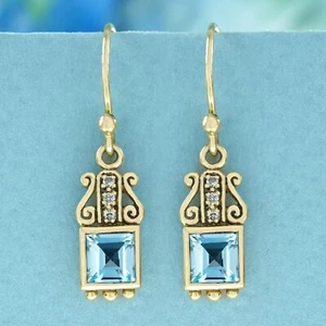 9K Yellow Gold Natural Blue Topaz Diamond Vintage Style Drop Earrings - Picture 1 of 6