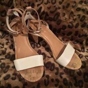 THOMPSON by Coach BEIGE & WHITE OPEN TOE ANKLE STRAP CORK HEEL SANDALS, 6.5 B - Picture 1 of 9