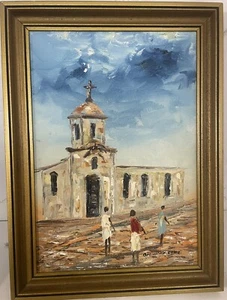 Original Oil Painting Church And Ladies By Cruz - Picture 1 of 4