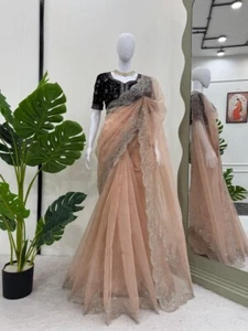 Attractive Look Peach Organza Silk Saree With Velvet Blouse For Women & Girls - Picture 1 of 14