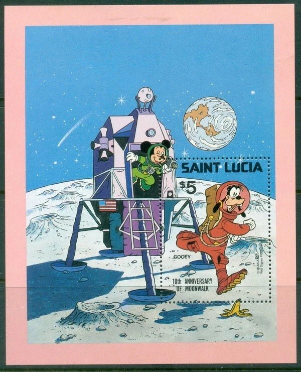 St.Lucia 1980 MNH MS, Cartoons, Disney, Space, Goofy on Moon - Image 1 of 1