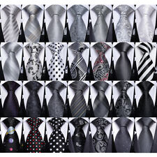 DiBanGu Black Gray White Silver Stripped Paisley Floral Silk Mens Necktie Set