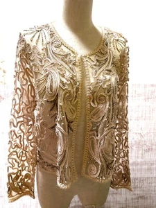 Lace cutout beaded  embroidered Beige Jacket - Picture 1 of 7