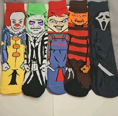 🧦🎃 Horror Movie Monster Sock Lot – Freddy, Chucky, IT, Scream, Beetlejuice 👻 - Image 1 of 4