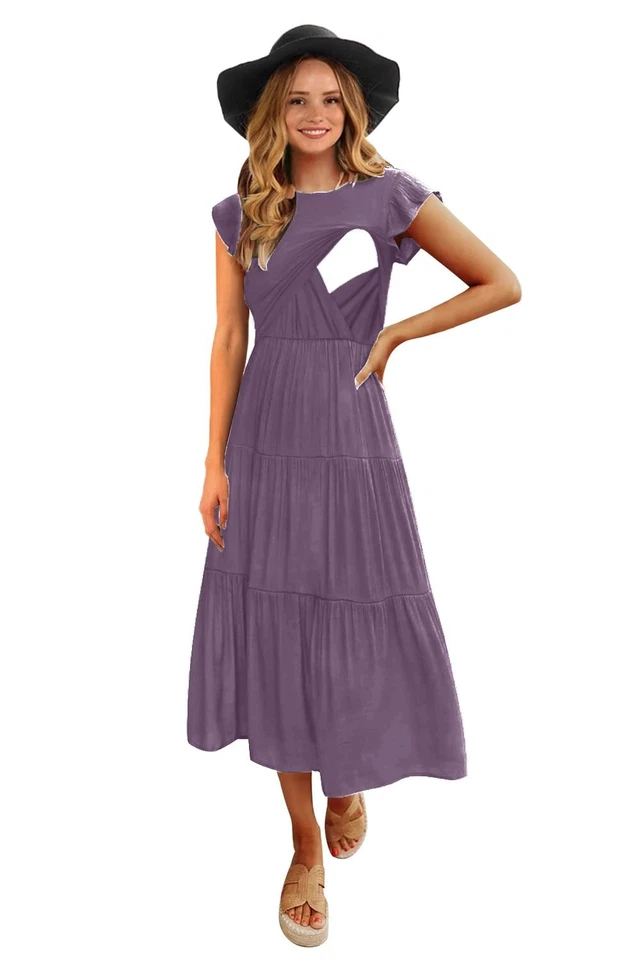CzzzyL Womens Nursing Dress Round Neck Flutter Short Sleeve Wear for Pregnant - Image 1 of 4