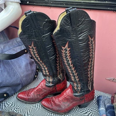 Botas de Vaquero Para Mujer De Colección Panhandle Delgadas Rojas Negras Altas Piel de Serpiente Talla 6.5 Foto 1 de 4