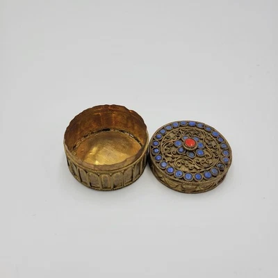 Vintage Nepalese Tibetan Trinket Box Filigree Blue Coral Lapis Brass Small Round - Image 1 of 4