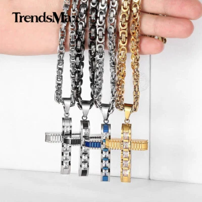 Collar colgante de cruz de circonita cúbica de acero inoxidable enchapado en plata/oro eslabón bizantino plano Foto 1 de 4