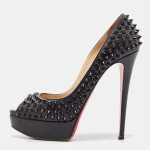 Christian Louboutin Black Leather Lady Peep Toe Spikes Platform Pumps Size 38 - Picture 1 of 9