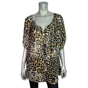 Apt 9 Top Plus Size 2X Leopard Sheer V-Neck Button Up 3/4 Sleeve Pleated Brown - Picture 1 of 6