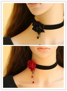 Gothic Victorian Black Velvet Ribbon Choker Necklace with Red/Black Rose LN010 - Bild 1 von 6