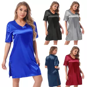 UK Women Nightgown V Neck Satin Side Split Sexy Dresses Boyfriend Nightshirt - Picture 1 of 43