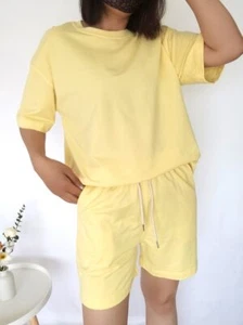 100% Cotton Suit T-shirt and Shorts Women New Summer Yellow Basic Two Piece Sets - Picture 1 of 30