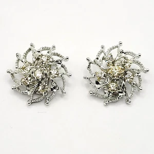 Floral Spiral Whorl w Rhinestone Textured Shiny Silver Tone Vtg Clip On Earrings - Picture 1 of 21