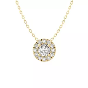 10k Yellow Gold Lab Grown Diamond Halo Pendant Necklace 18" Silver Chain - Picture 1 of 5