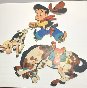 Vintage Dolly Toy Co. Cowboy Western Rodeo Kinderzimmer 4 Stück Wandtafeln 1958 - Bild 1 von 13