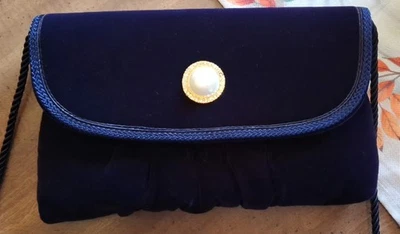 Vtg 90s Bechamel Evening Shoulder Bag Dark Blue Velvet 5.5'' x 9"  Snap Clasp - Image 1 of 4
