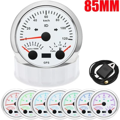 85mm White GPS Speedometer 120KM/H With Tacho 8000RPM Fuel Level Gauge for Boat - Image 1 of 4