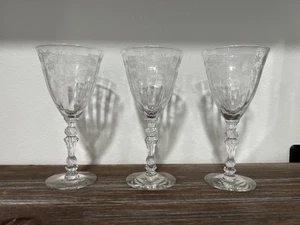 THREE ELEGANT MID-CENTURY FOSTORIA "CHINTZ" ETCHED (#338) CLARET WINE GLASSES - Picture 1 of 5