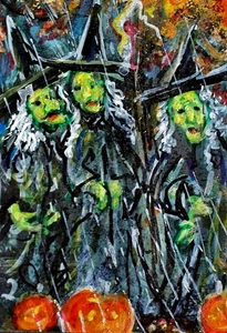 Quadro originale ACEO STREGA Halloween autunno zucche alberi pioggia ATC ART - Foto 1 di 1
