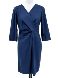 Lafayette 148 Dress Womens 6 Navy Blue Stretch Cotton Back Zip V-neck Career - Picture 1 of 15