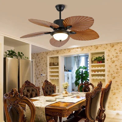 52" Ceiling Fan LED Light Indoor Outdoor Downrod Bronze 5 Palm Tropical Blades - Image 1 of 4
