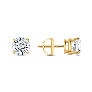 2 Ct G/VS Round Lab Grown Diamond Earrings Real 18K Yellow Gold Studs Screw Back - Picture 1 of 6
