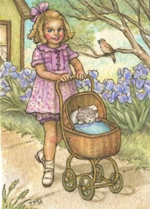 Aceo Blonde Girl Child Doll Carriage Kitten Cat Garden Therese Borelli Painting - Picture 1 of 2
