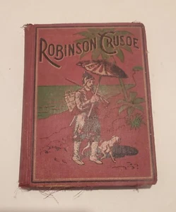 Antique Robinson Crusoe By Daniel Defoe Hardcover Book Maroon Red w/Bright Green - Picture 1 of 18