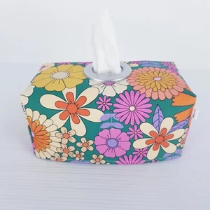 Tissue Box Cover Handmade Retro Floral Print Pink Orange Silver Circle Opening - Picture 1 of 17