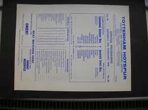 TOTTENHAM HOTSPUR V IPSWICH TOWN 1977/1978 RESERVEN EINZELBLATT NR NEUWERTIG  - Bild 1 von 3