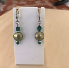 Swarovski Coin Pearl Iridescent Emerald Green Beaded Earrings