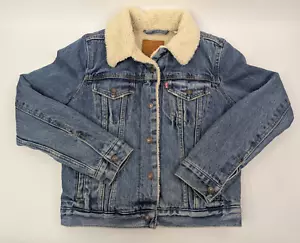 Levis Premium Denim Trucker Sherpa Lined Jacket Womens Small Type 3 Fleece Big E - Picture 1 of 13