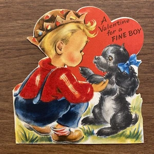 Vintage 1940s Valentines Day Greeting Card Boy w/ Dog Puppy Fuzzy Red Shirt P1B - Picture 1 of 12
