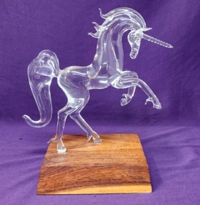 Unicorn Rearing Hand Blown Glass Crystal Figurine on Wood Base - Picture 1 of 6