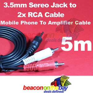 5 Meters 3.5mm Stereo Plug to 2 RCA Cable Headphone Mobile Phone to Amplifier + - Picture 1 of 3