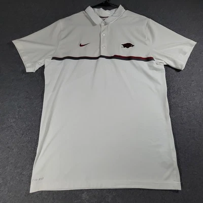 Nike Arkansas Razorbacks Polo Shirt Mens Large White Striped Dri Fit Swoosh Logo - Image 1 of 4