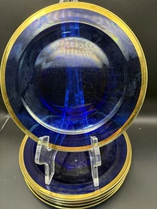 Vintage Cobalt Blue Glass Salad Luncheon Plates 8” Gold Rim Set of 6 Mid-Century - Picture 1 of 6