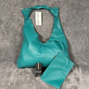 Viola Castellani Teal Leather Hobo Bag with Matching Clutch Made in Italy NWT - Picture 1 of 13