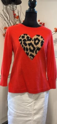 J Crew Red Cashmere Sweater Leopard Heart Medium — 第 1/3 张图片