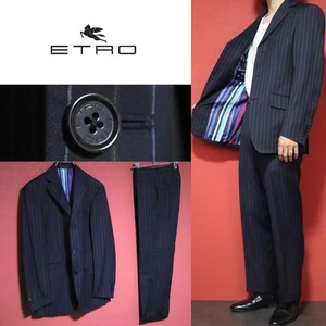Authentic ETRO Suit Setup Wool Silk Navy Stripe Double Hem Size 44 Made in Italy - Picture 1 of 10