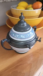 Manning Bowman Sugar / Butter Bowl with Top & Inner Lid Graniteware Blue White - Picture 1 of 6