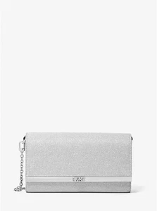 ☂️🍄Michael Kors Mona Large Glitter Chain Mesh Clutch Silver - Picture 1 of 4