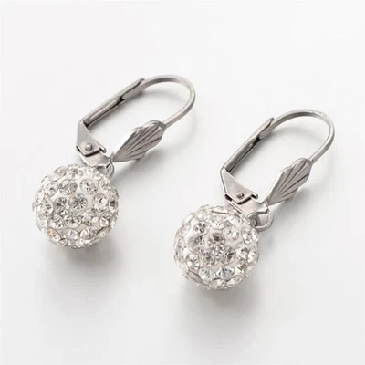 Pendientes de bola de discoteca de arcilla blanca de cristal austriaco transparente de acero inoxidable quirúrgico Foto 1 de 2